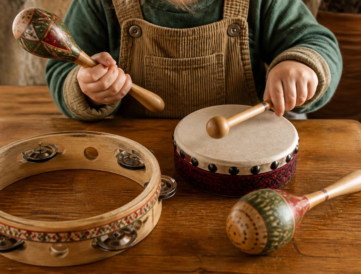 Mãos de uma criança tocando pandeiro e maracas